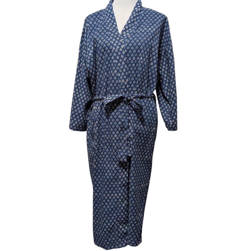Kerry Cassill Womens Size P/S Blue Botanical Floral 100% Cotton Tie Kimono Robe - Picture 2 of 11